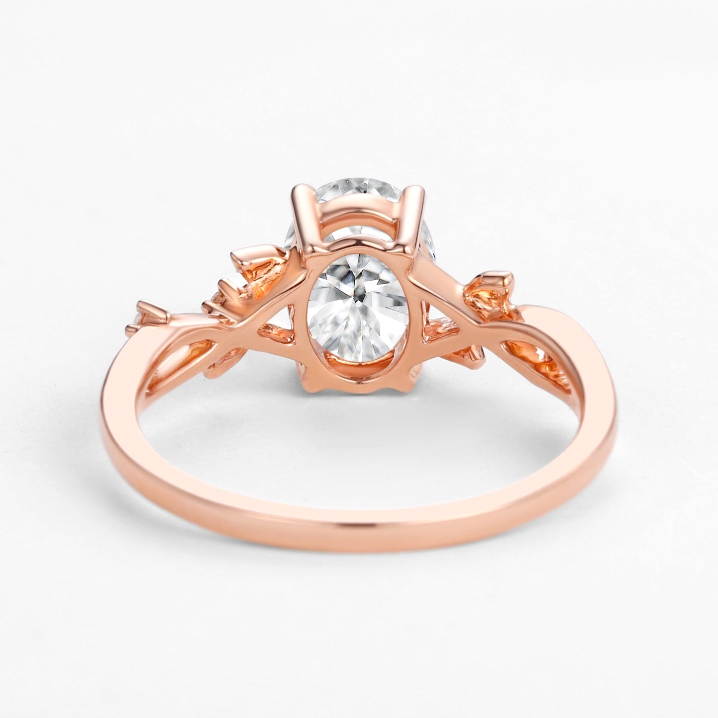 Unique Oval Cut Moissanite Leafy White Gold Ring