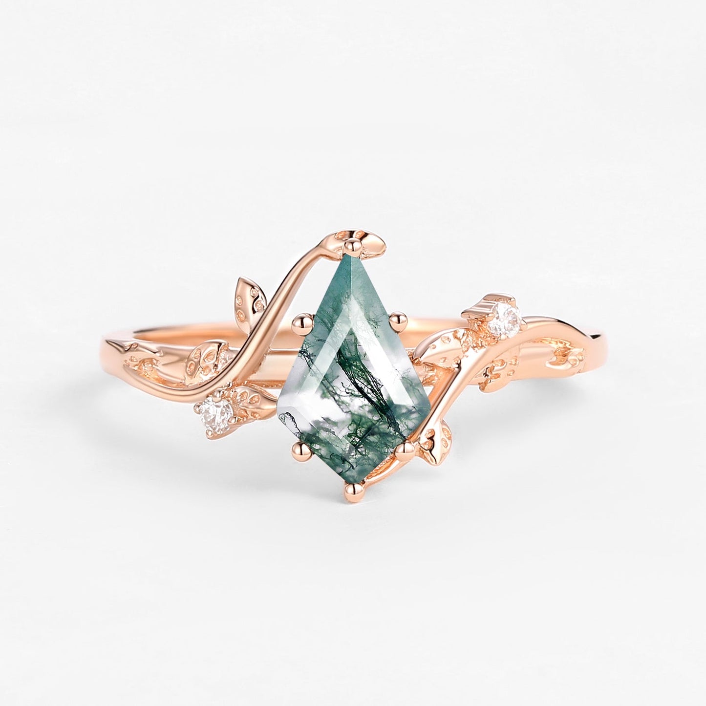 Unique Kite Cut Clear Moss Agate Leafy Engagement Ring