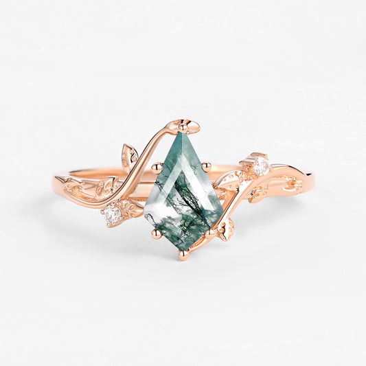 Unique Kite Cut Clear Moss Agate Leafy Engagement Ring