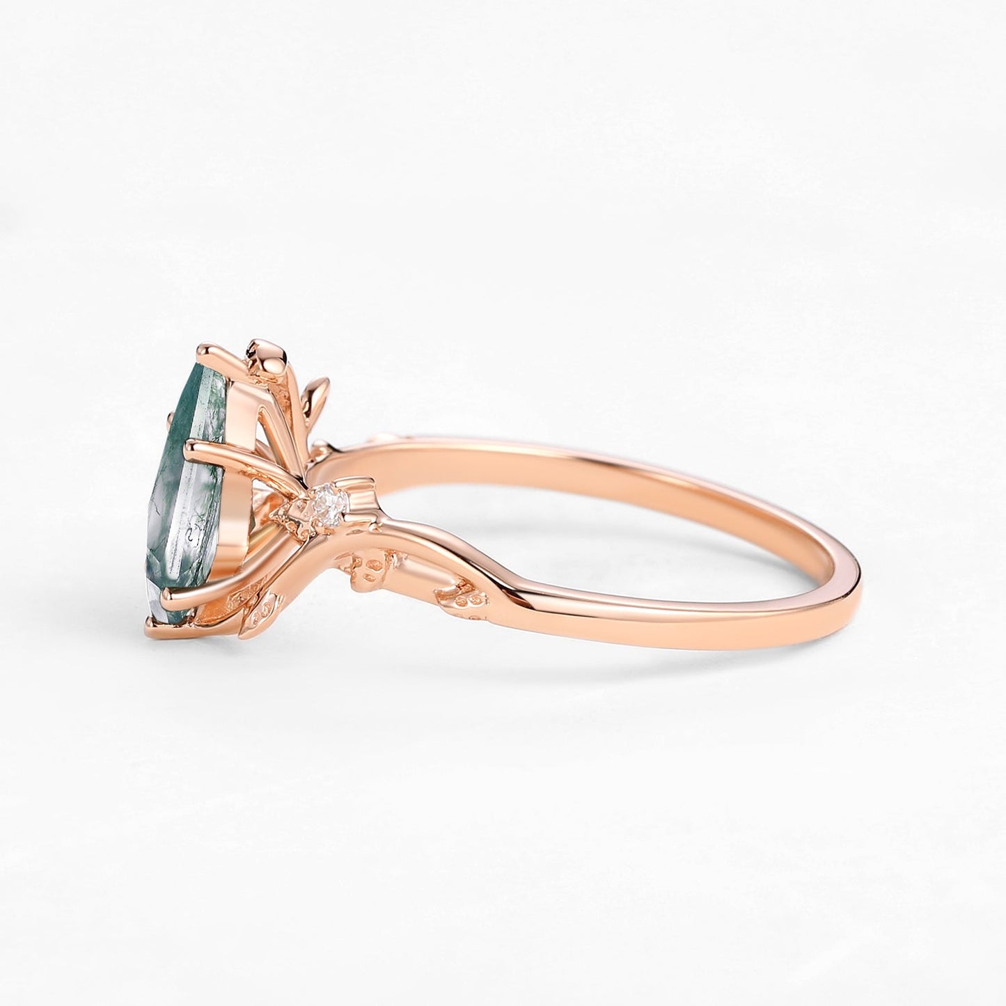 Unique Kite Cut Clear Moss Agate Leafy Engagement Ring