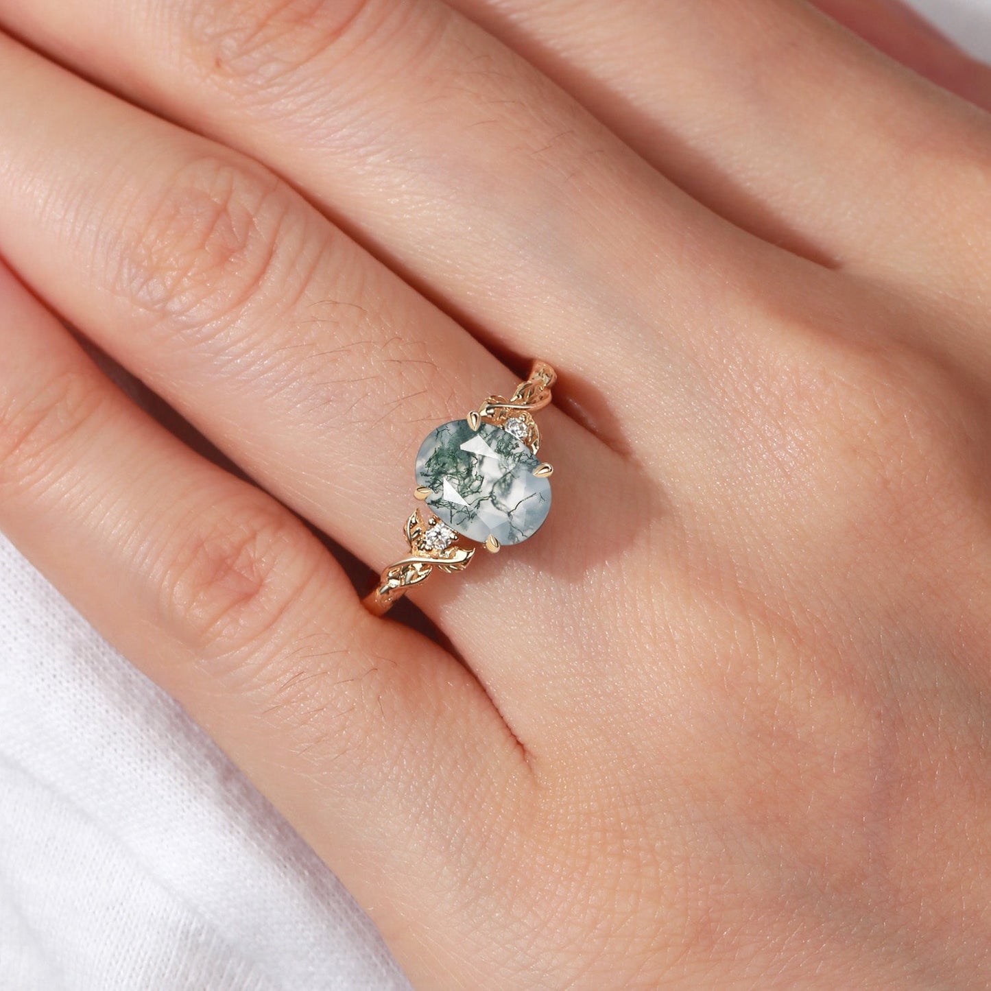 Unique Oval Shaped Moss Agate Leafy Wedding Engagement Ring