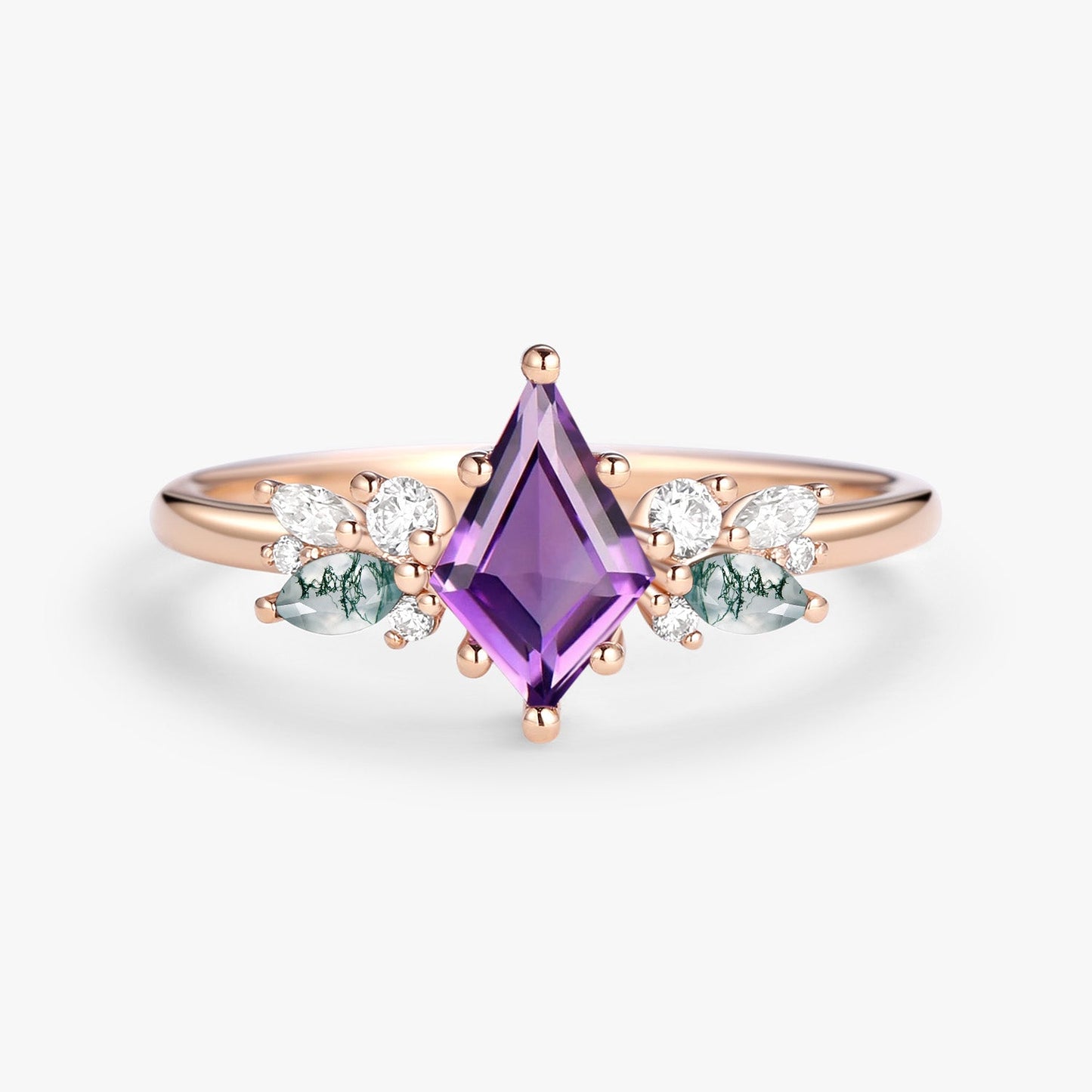 Unique Amethyst and Moss Agate Rose Engagement Ring