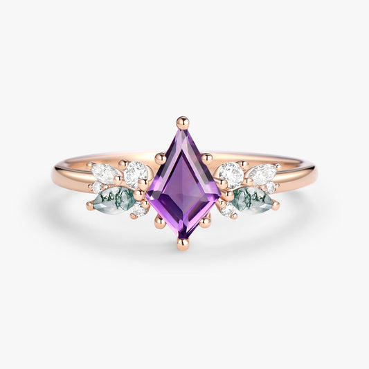 Unique Amethyst and Moss Agate Rose Engagement Ring