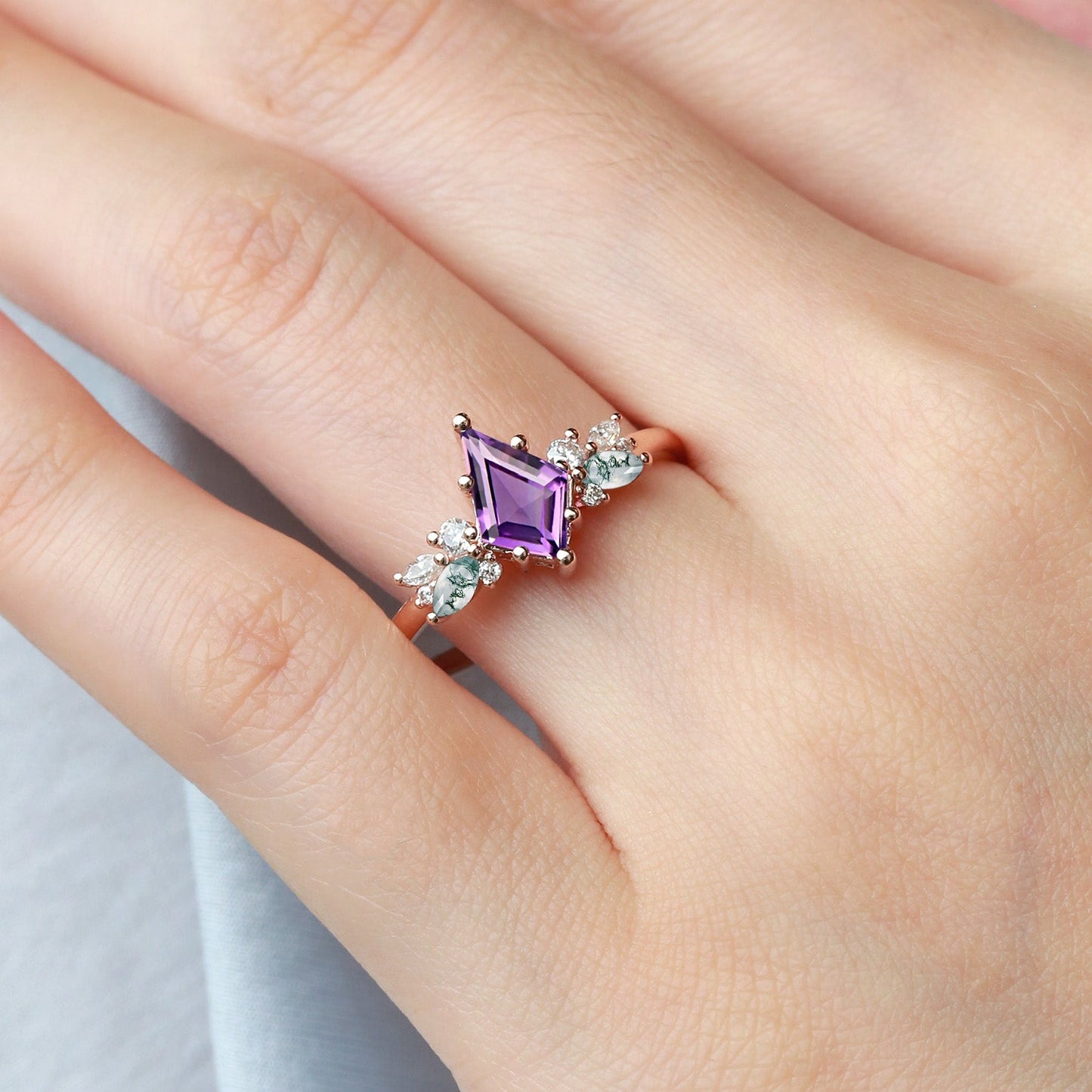 Unique Amethyst and Moss Agate Rose Engagement Ring