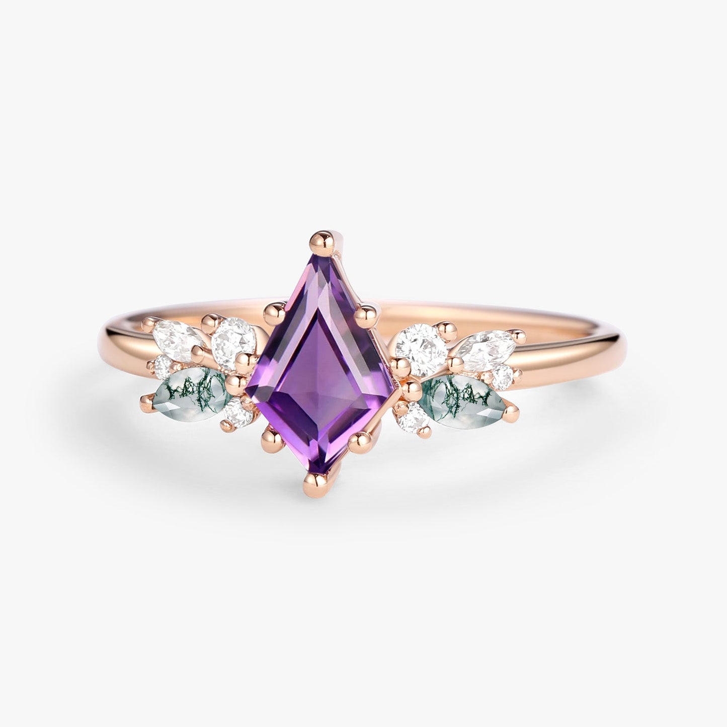 Unique Amethyst and Moss Agate Rose Engagement Ring