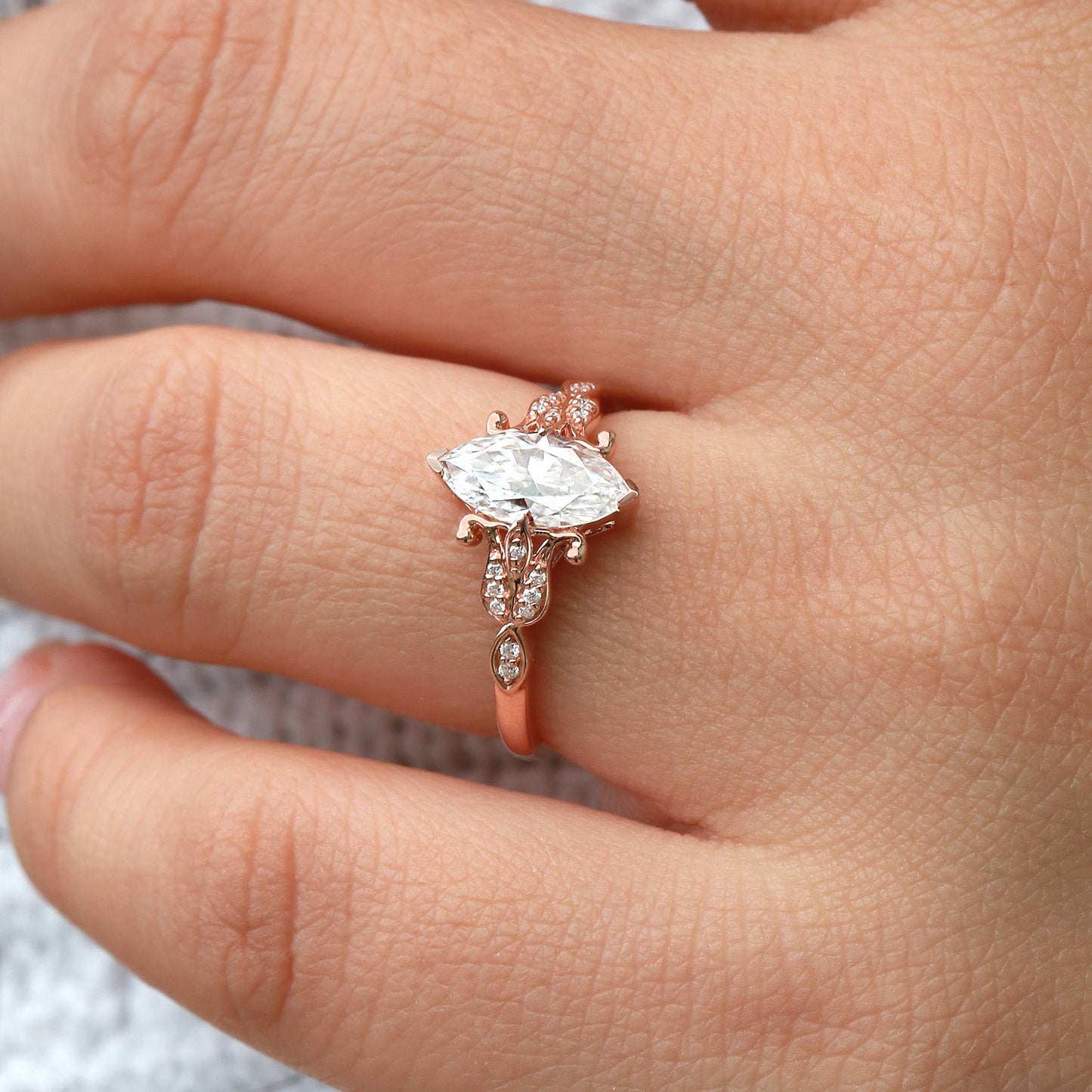 Unique floral engagement rings Marquise Moissanite Leafy Engagement Ring