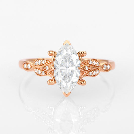 Unique floral engagement rings Marquise Moissanite Leafy Engagement Ring