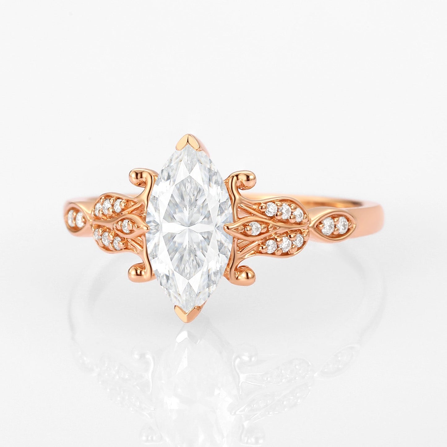 Unique floral engagement rings Marquise Moissanite Leafy Engagement Ring