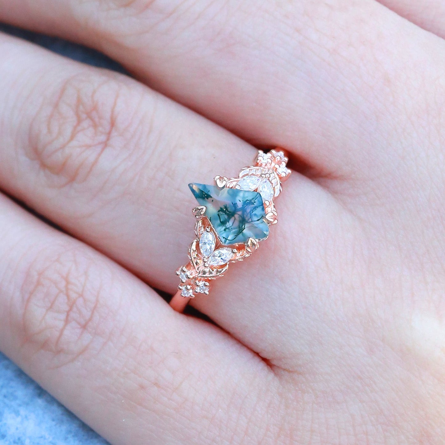 Unique Kite Cut Moss Agate Vine Leafy Gold Engagement Ring