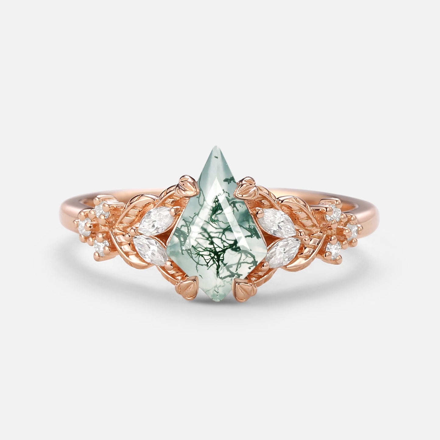 Unique Kite Cut Moss Agate Vine Leafy Gold Engagement Ring