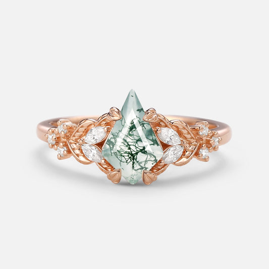 Unique Kite Cut Moss Agate Vine Leafy Gold Engagement Ring