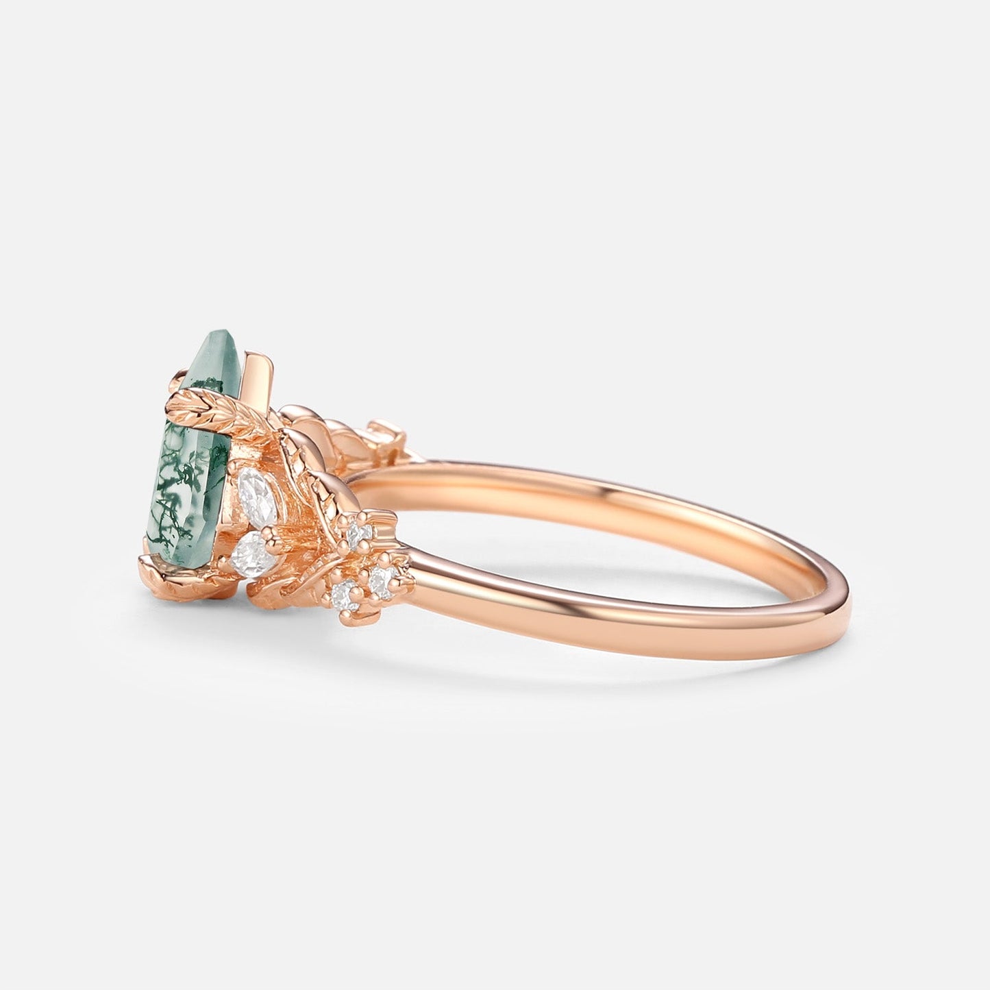 Unique Kite Cut Moss Agate Vine Leafy Gold Engagement Ring