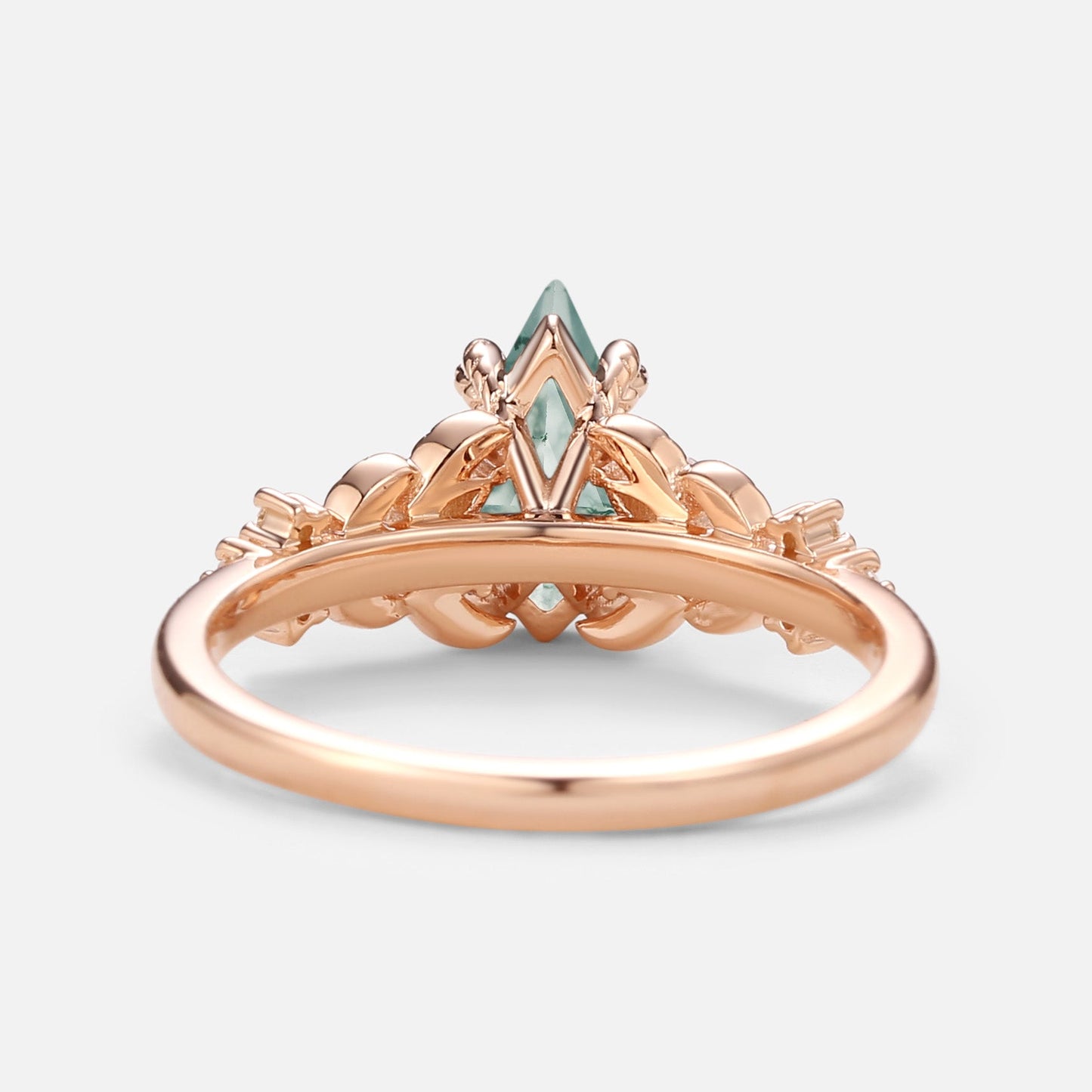 Unique Kite Cut Moss Agate Vine Leafy Gold Engagement Ring