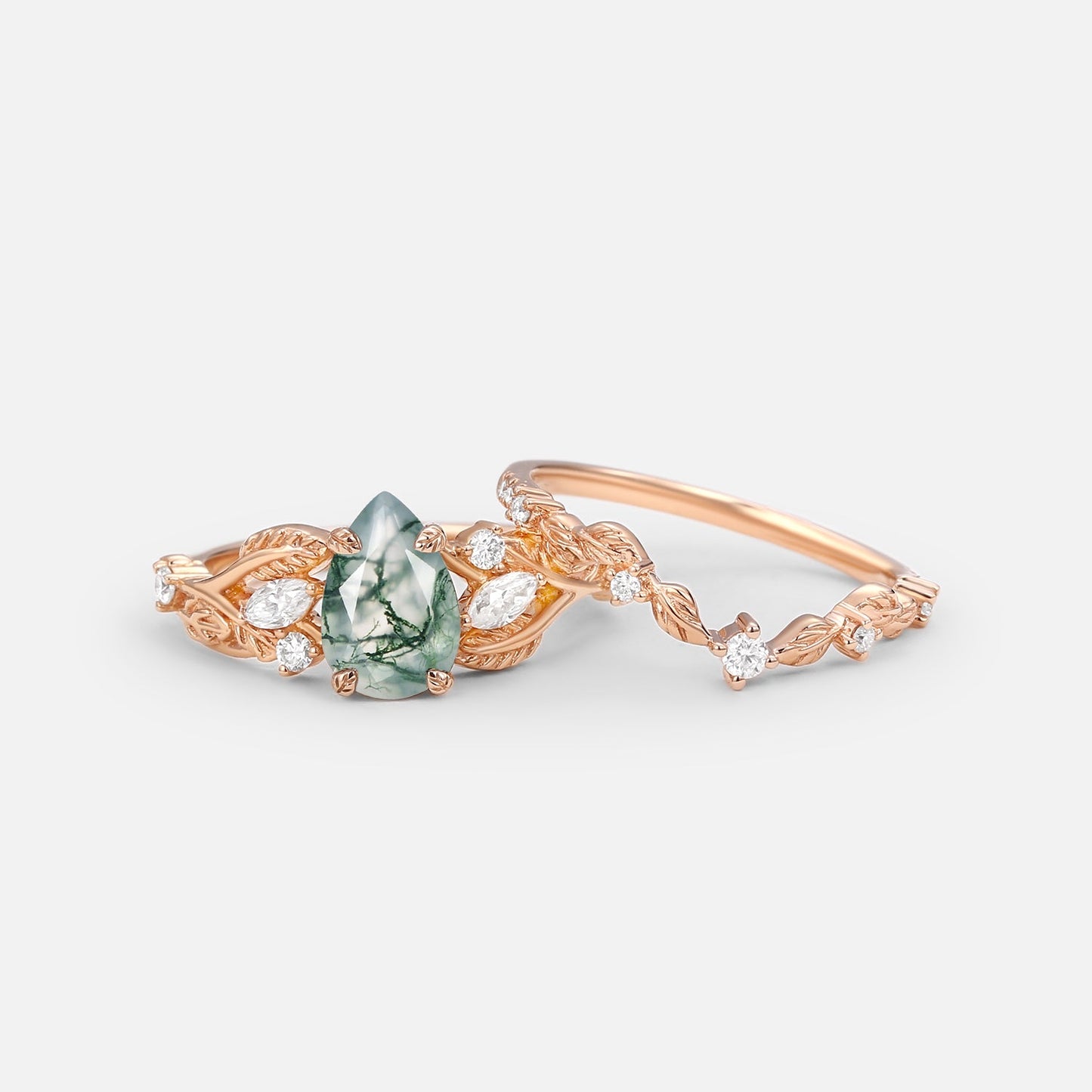 Vintage Leafy Pear Cut Moss Agate Engagement Ring Set
