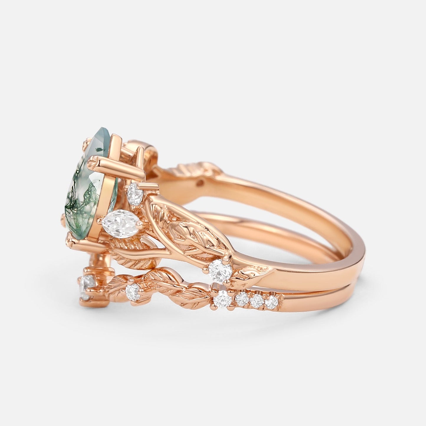 Vintage Leafy Pear Cut Moss Agate Engagement Ring Set