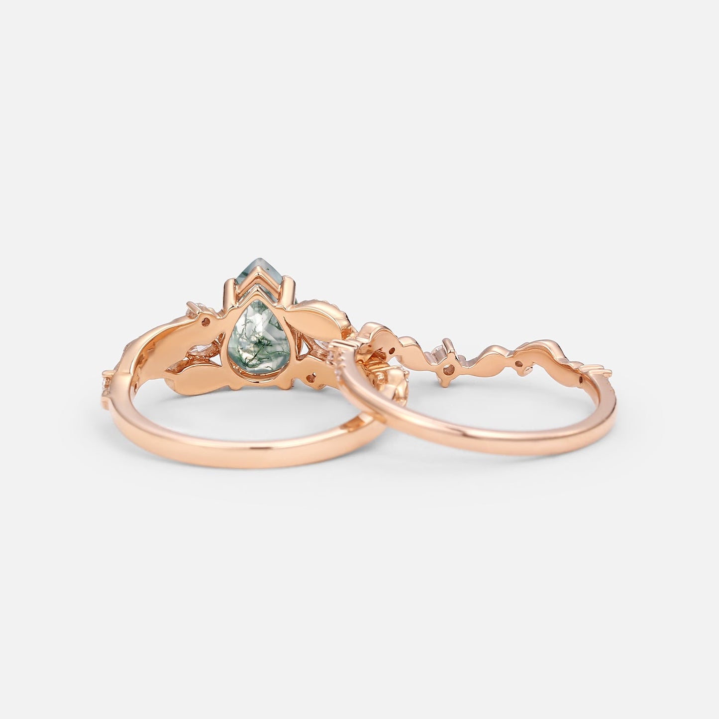 Vintage Leafy Pear Cut Moss Agate Engagement Ring Set