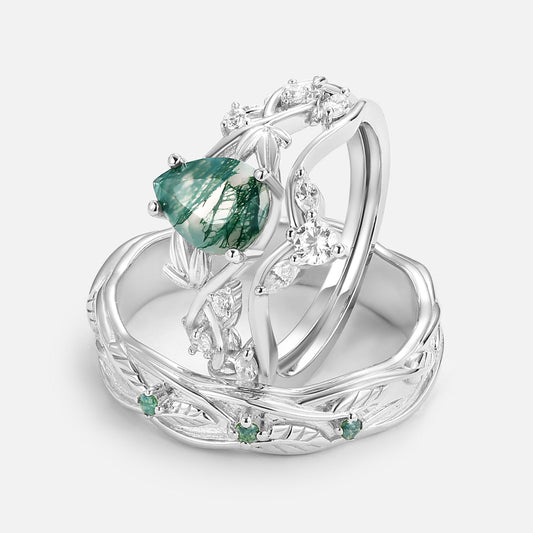 Unique Pear Moss Agate Three Leaves Couple Ring Set