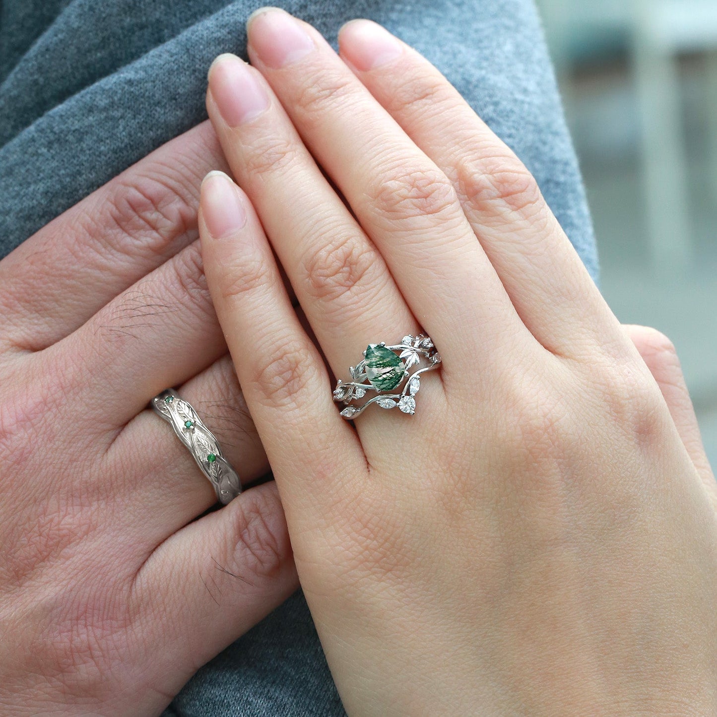 Unique Pear Moss Agate Three Leaves Couple Ring Set