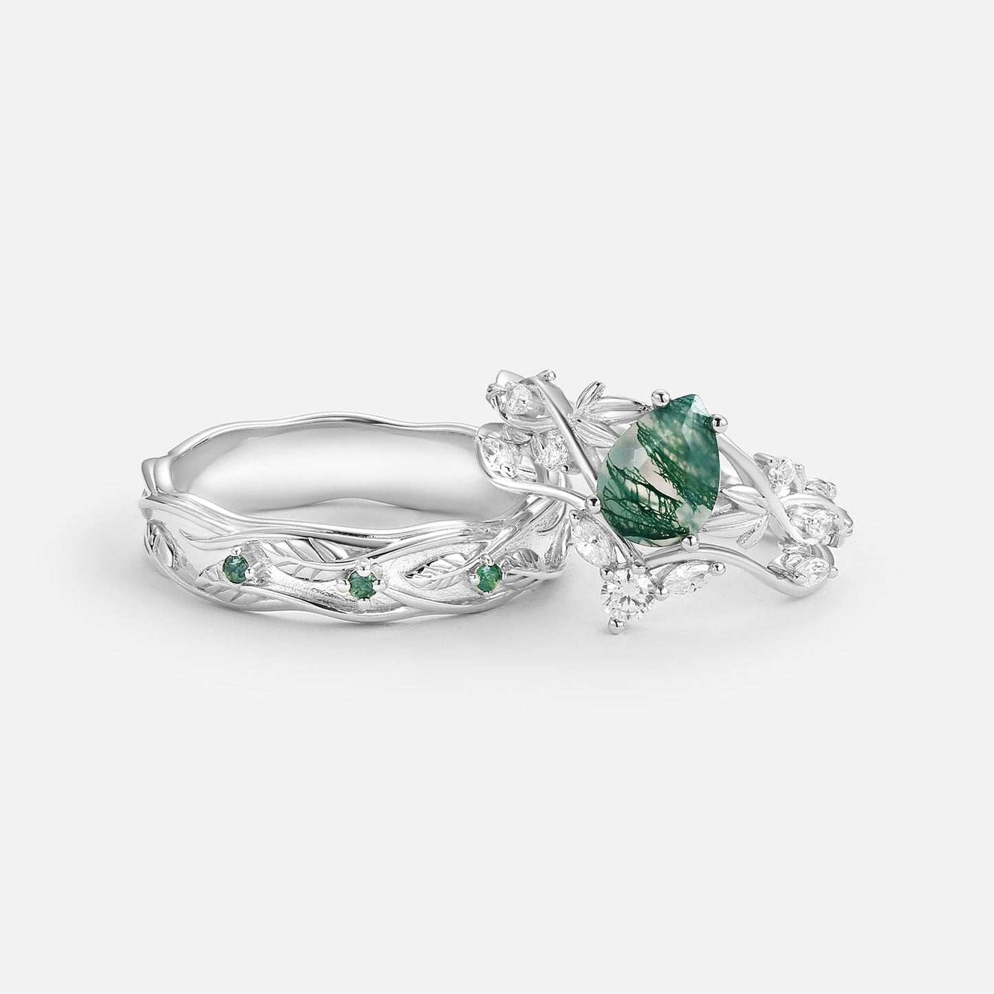 Unique Pear Moss Agate Three Leaves Couple Ring Set