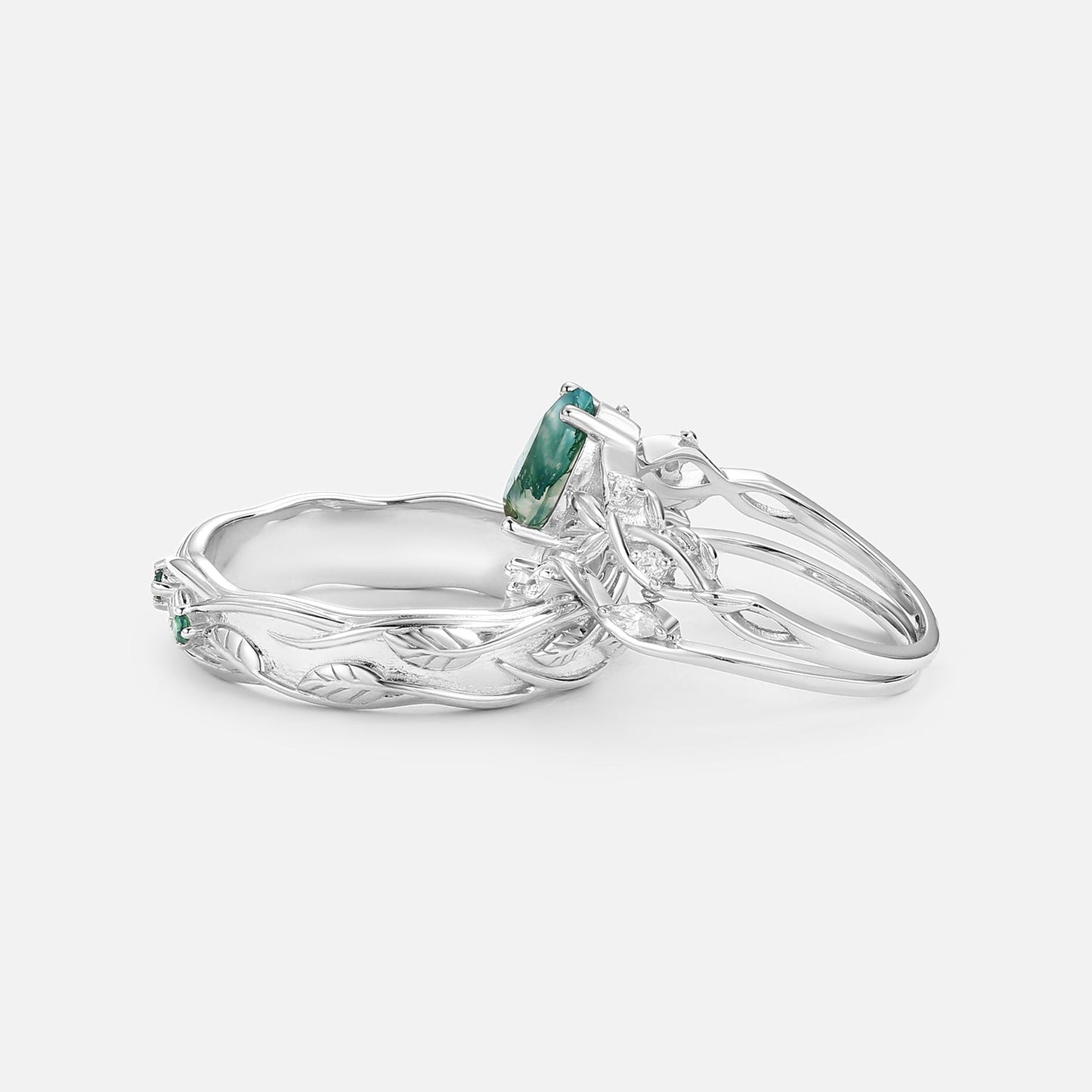 Unique Pear Moss Agate Three Leaves Couple Ring Set