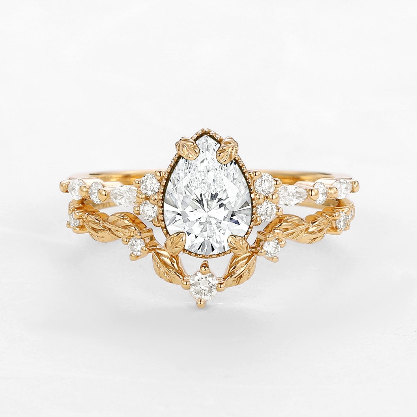Vintage Pear Cut Lab Grown Diamond Leafy Ring Set