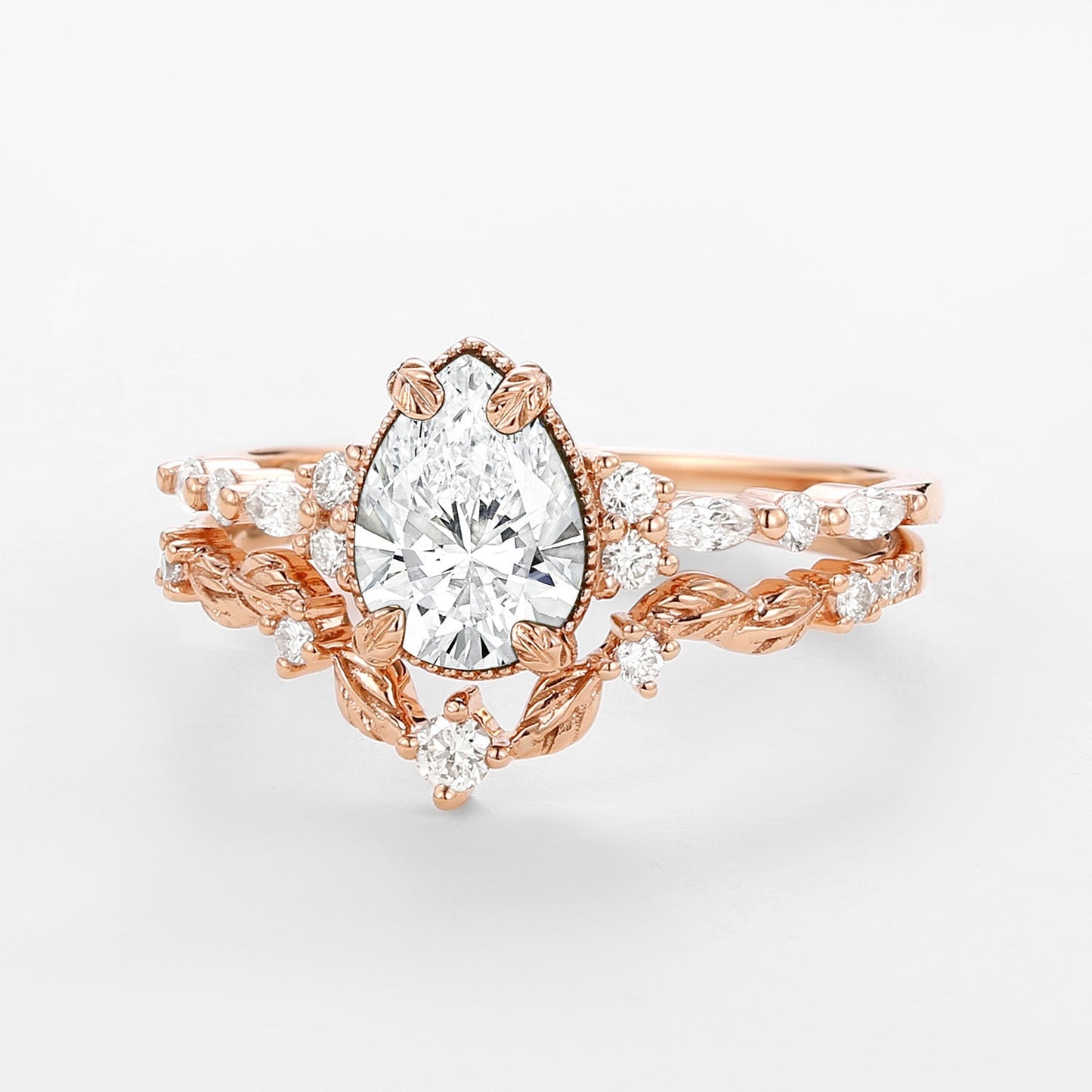 Vintage Pear Cut Lab Grown Diamond Leafy Ring Set
