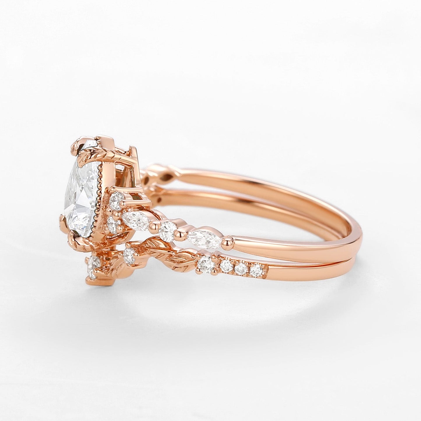Vintage Pear Cut Lab Grown Diamond Leafy Ring Set