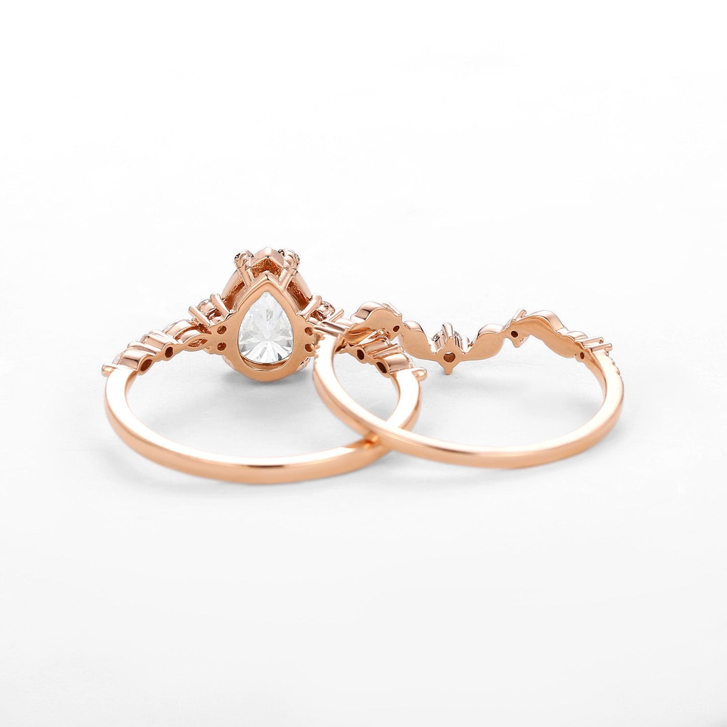 Vintage Pear Cut Lab Grown Diamond Leafy Ring Set