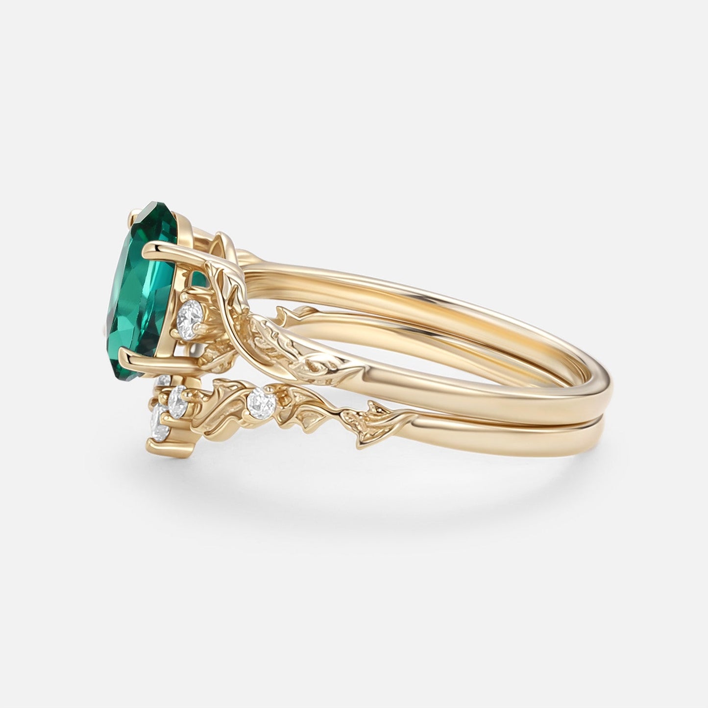 Unique floral engagement rings Oval Lab Emerald Leaf Branch Engagement Ring Set