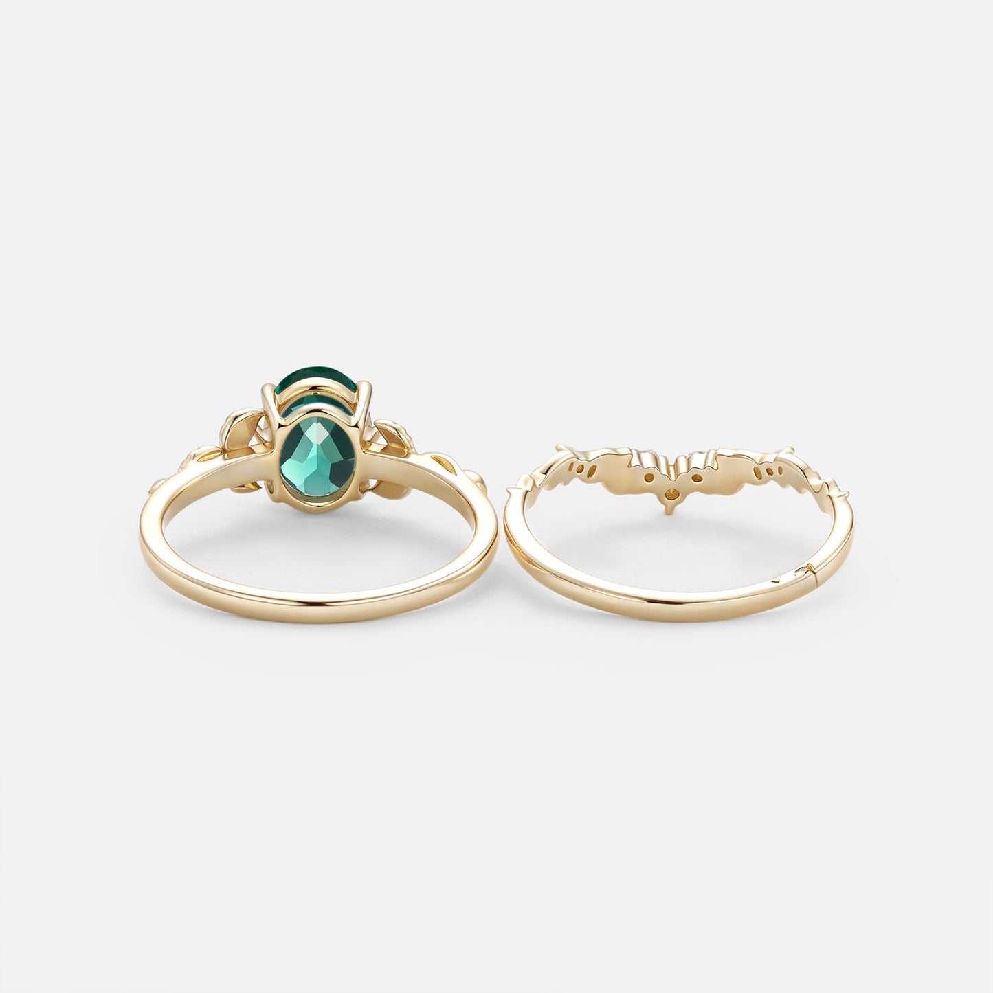 Unique floral engagement rings Oval Lab Emerald Leaf Branch Engagement Ring Set