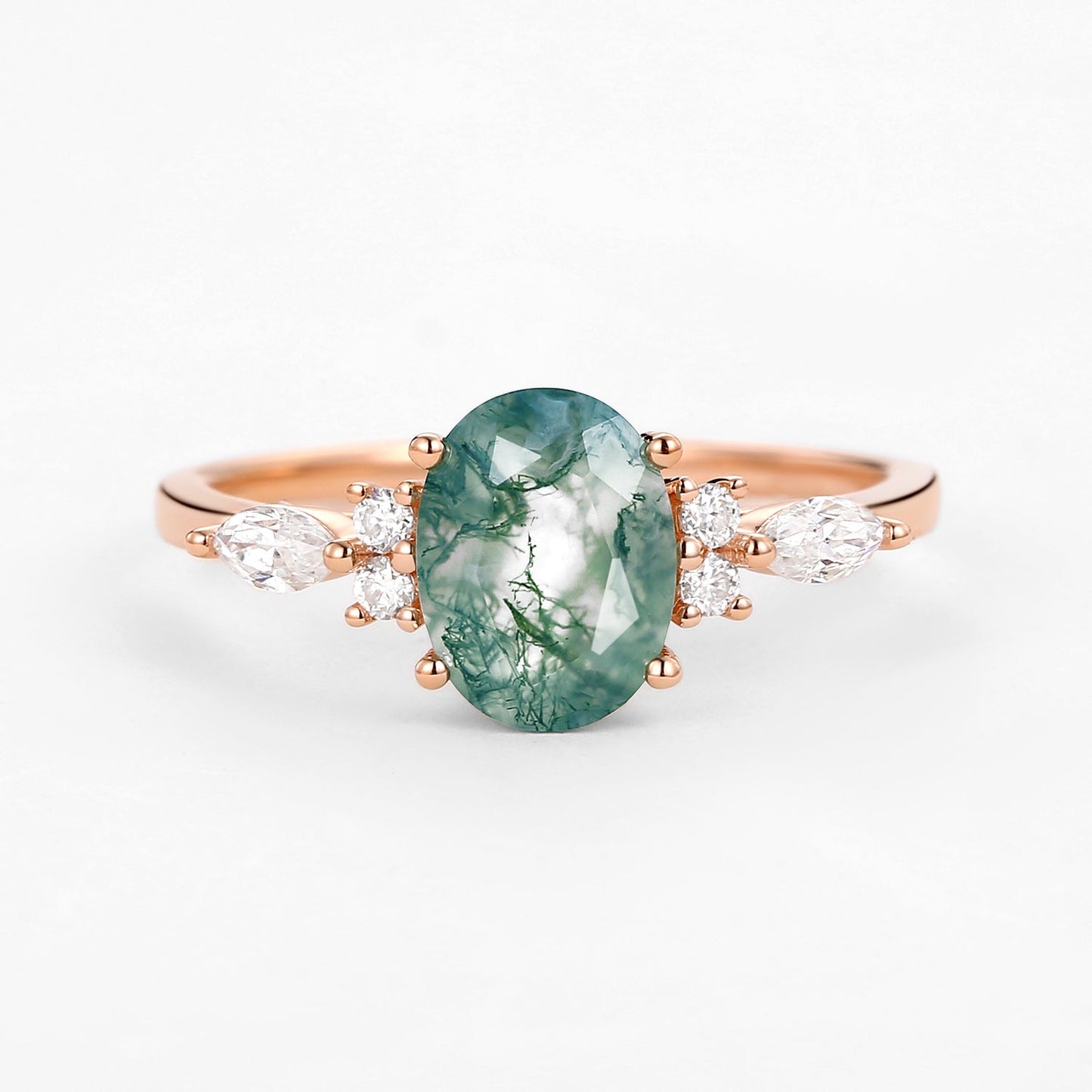 Unique Oval Moss Agate Classic Engagement Ring