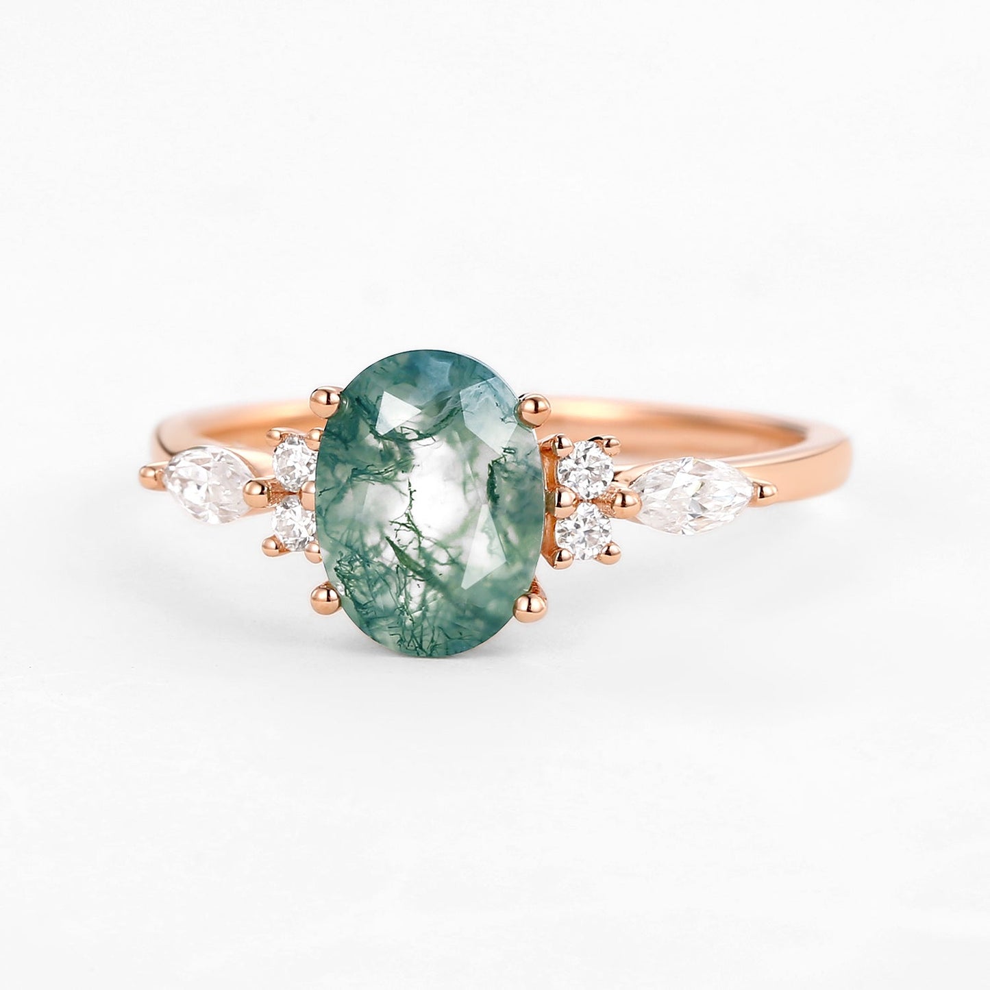 Unique Oval Moss Agate Classic Engagement Ring