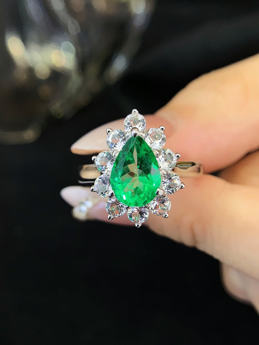 Unique Pear Emerald  Engagement Ring Vintage oval cut Ring Moissanite cluster Wedding