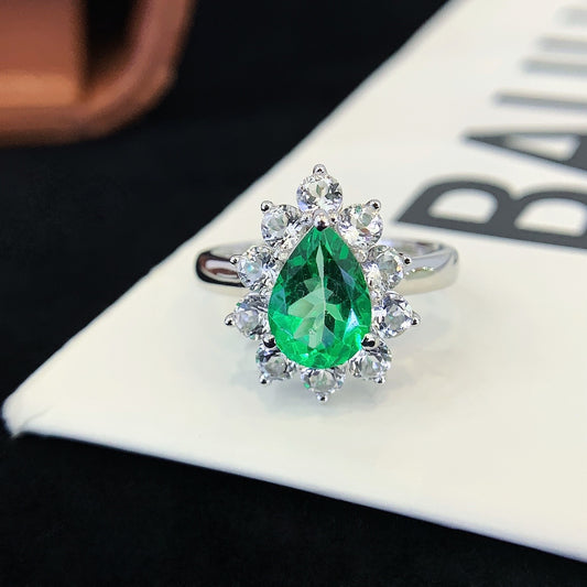 Unique Pear Emerald  Engagement Ring Vintage oval cut Ring Moissanite cluster Wedding