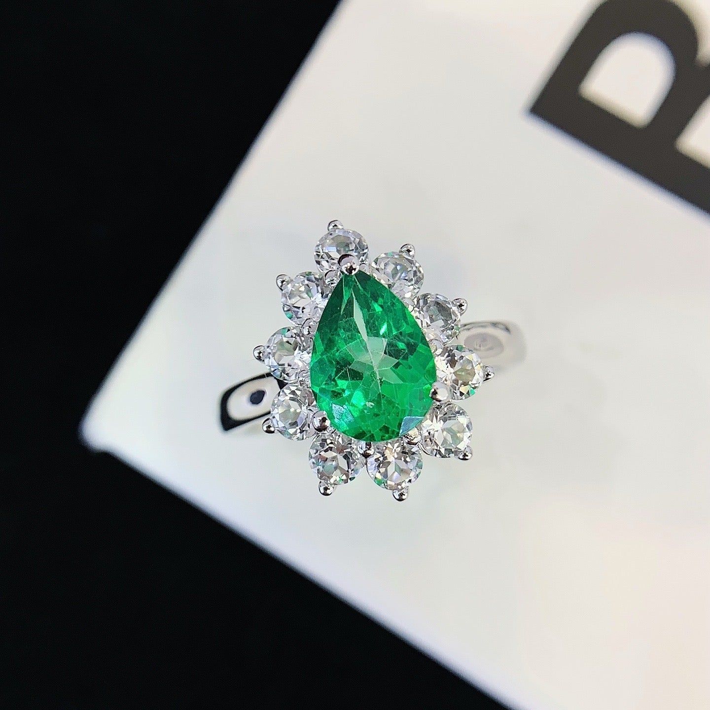 Unique Pear Emerald  Engagement Ring Vintage oval cut Ring Moissanite cluster Wedding