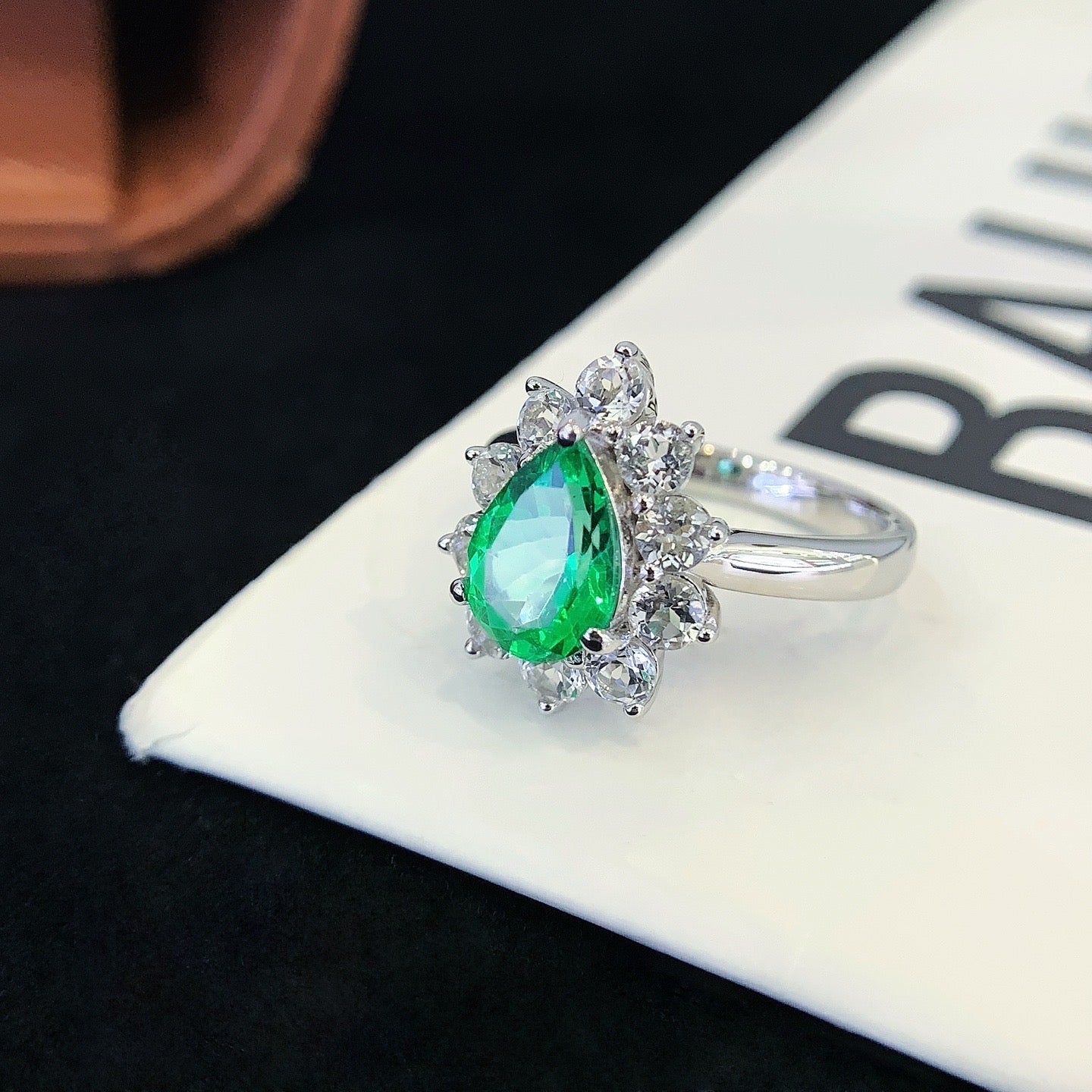 Unique Pear Emerald  Engagement Ring Vintage oval cut Ring Moissanite cluster Wedding