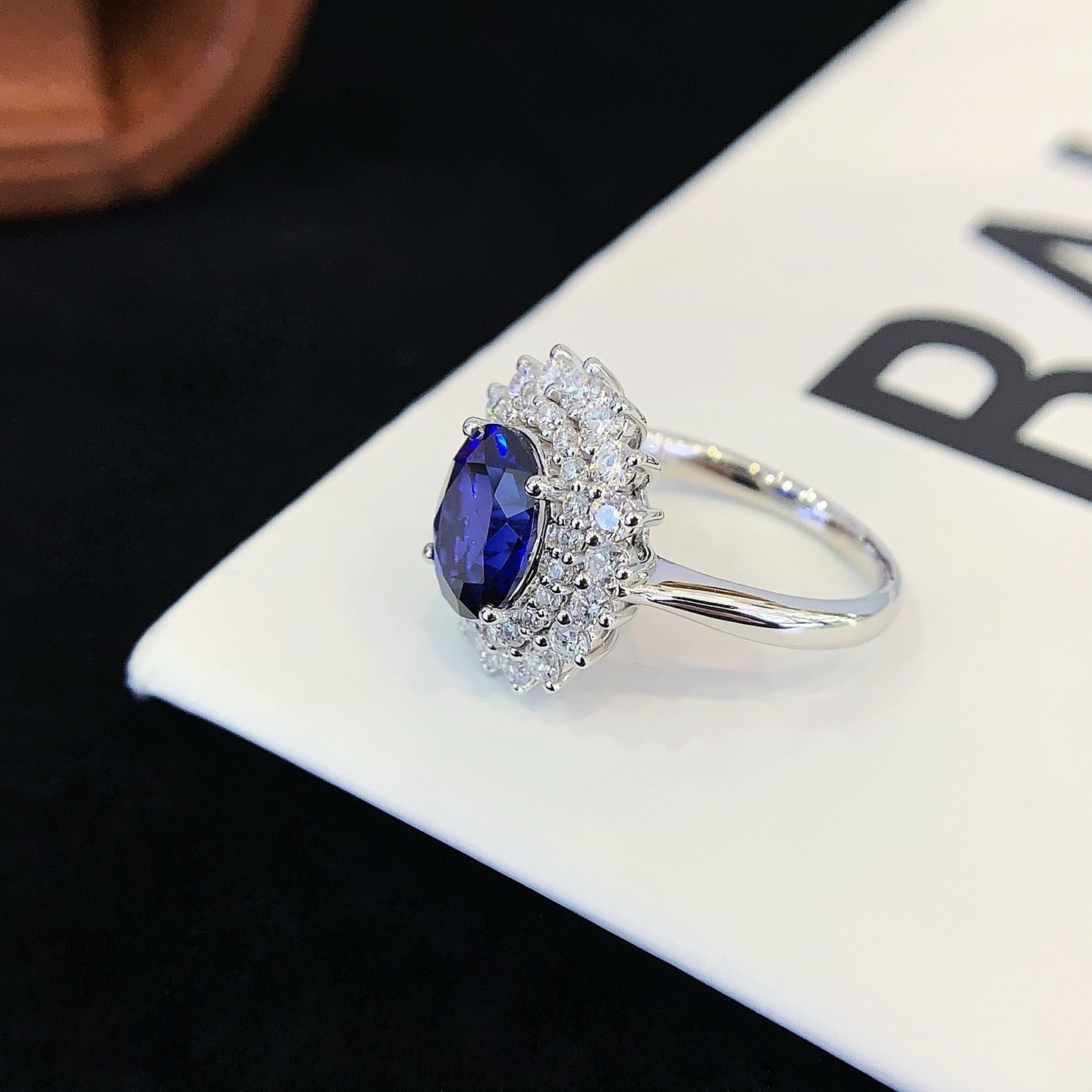 Unique Oval Sapphire Engagement Ring Moissanite cluster Wedding Ring