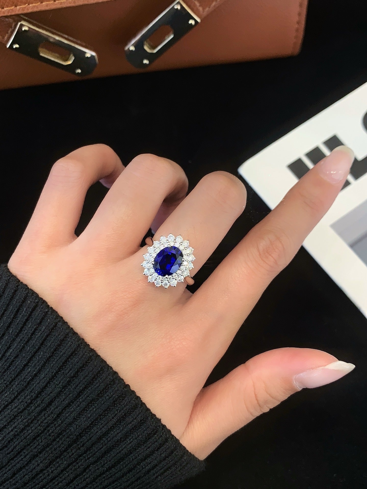 Unique Oval Sapphire Engagement Ring Moissanite cluster Wedding Ring