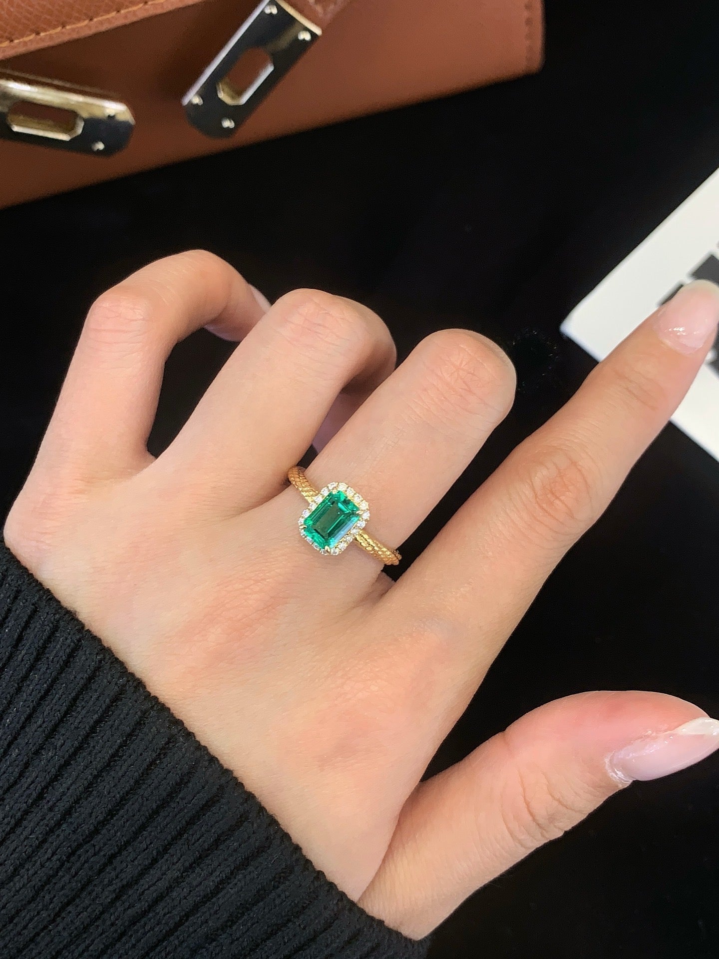 Vintage Emerald cut Emerald Engagement Ring Moissanite cluster Wedding Ring