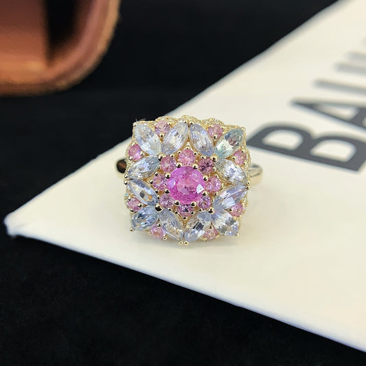 Unique Round Padparadscha Engagement Ring Moissanite cluster Wedding