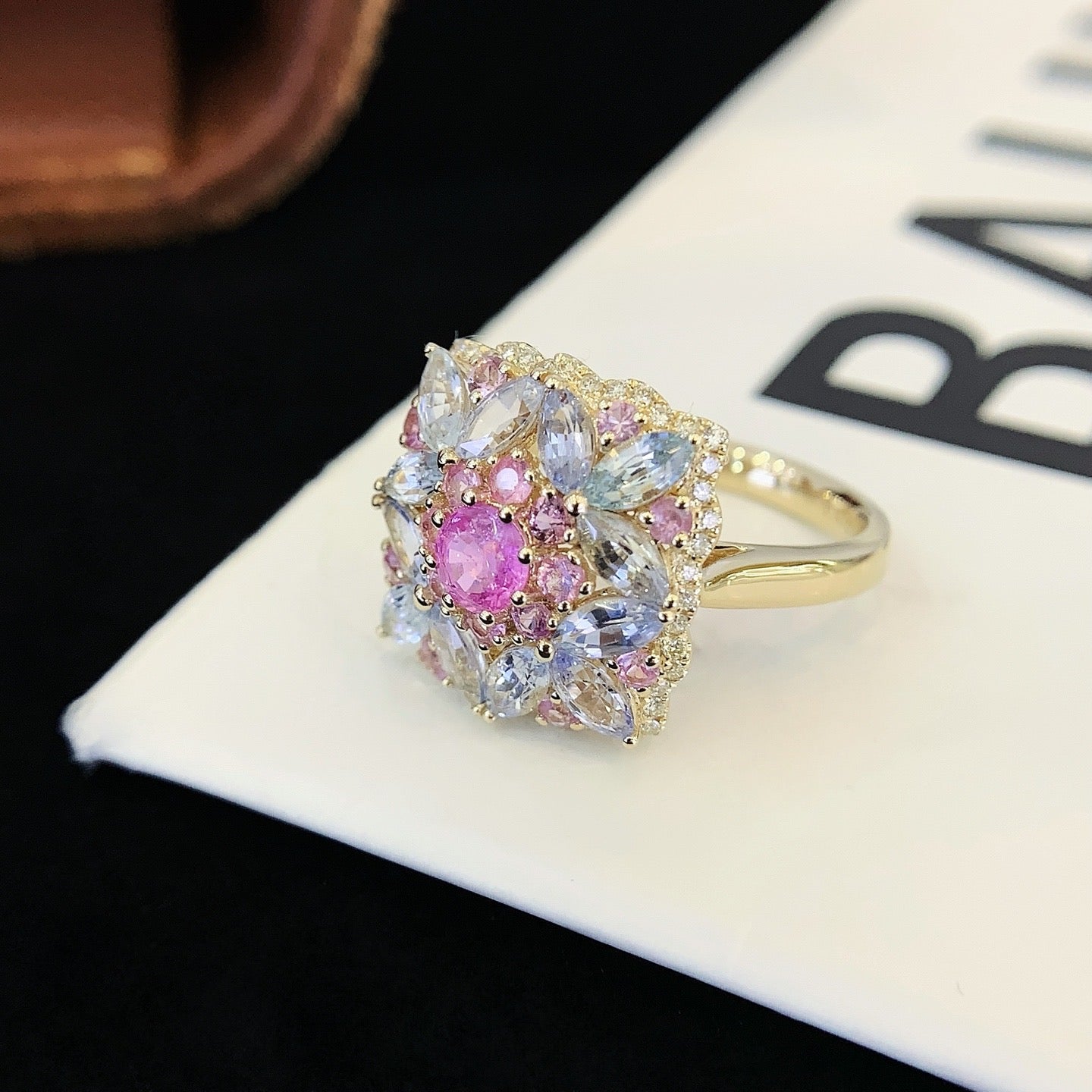Unique Round Padparadscha Engagement Ring Moissanite cluster Wedding