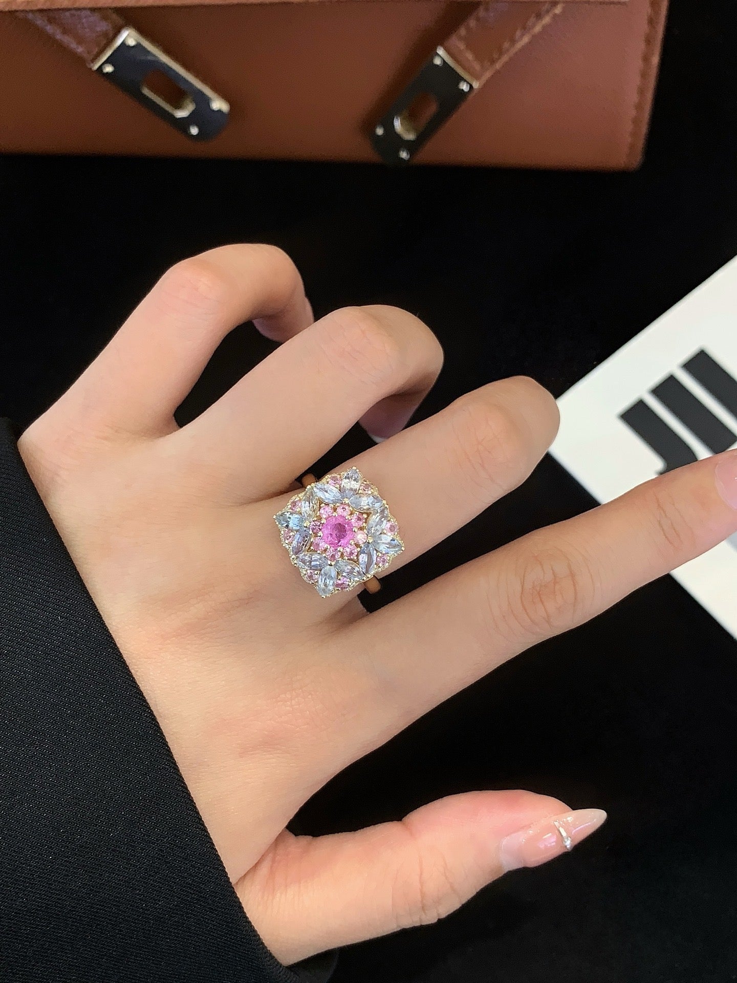 Unique Round Padparadscha Engagement Ring Moissanite cluster Wedding