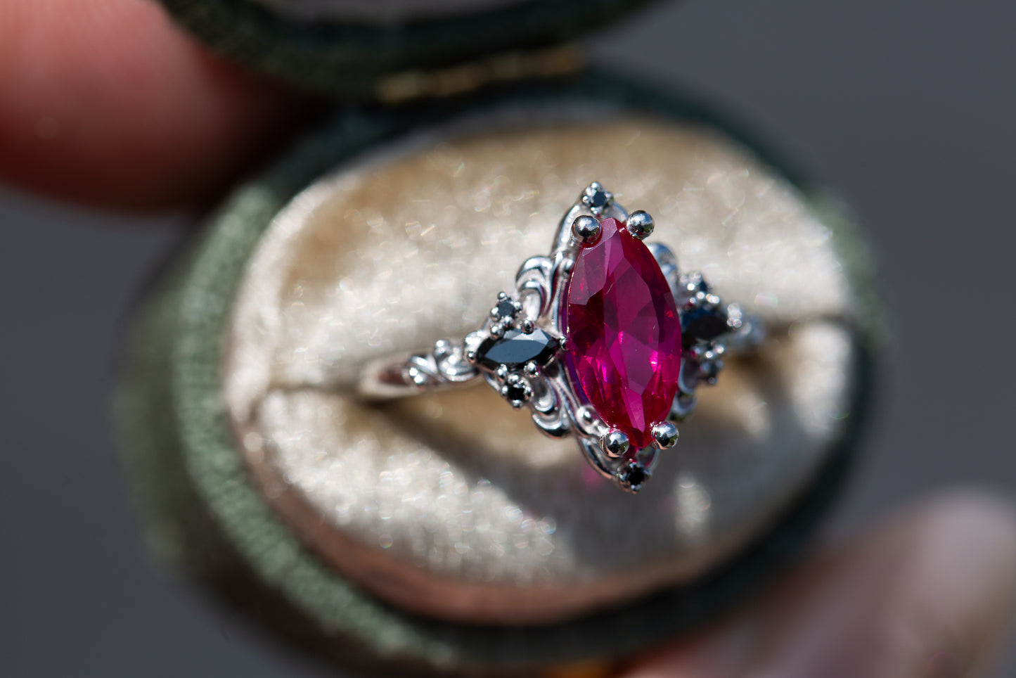Unique Aurora Three Stone Marquise Ruby and Black Onyx Ring