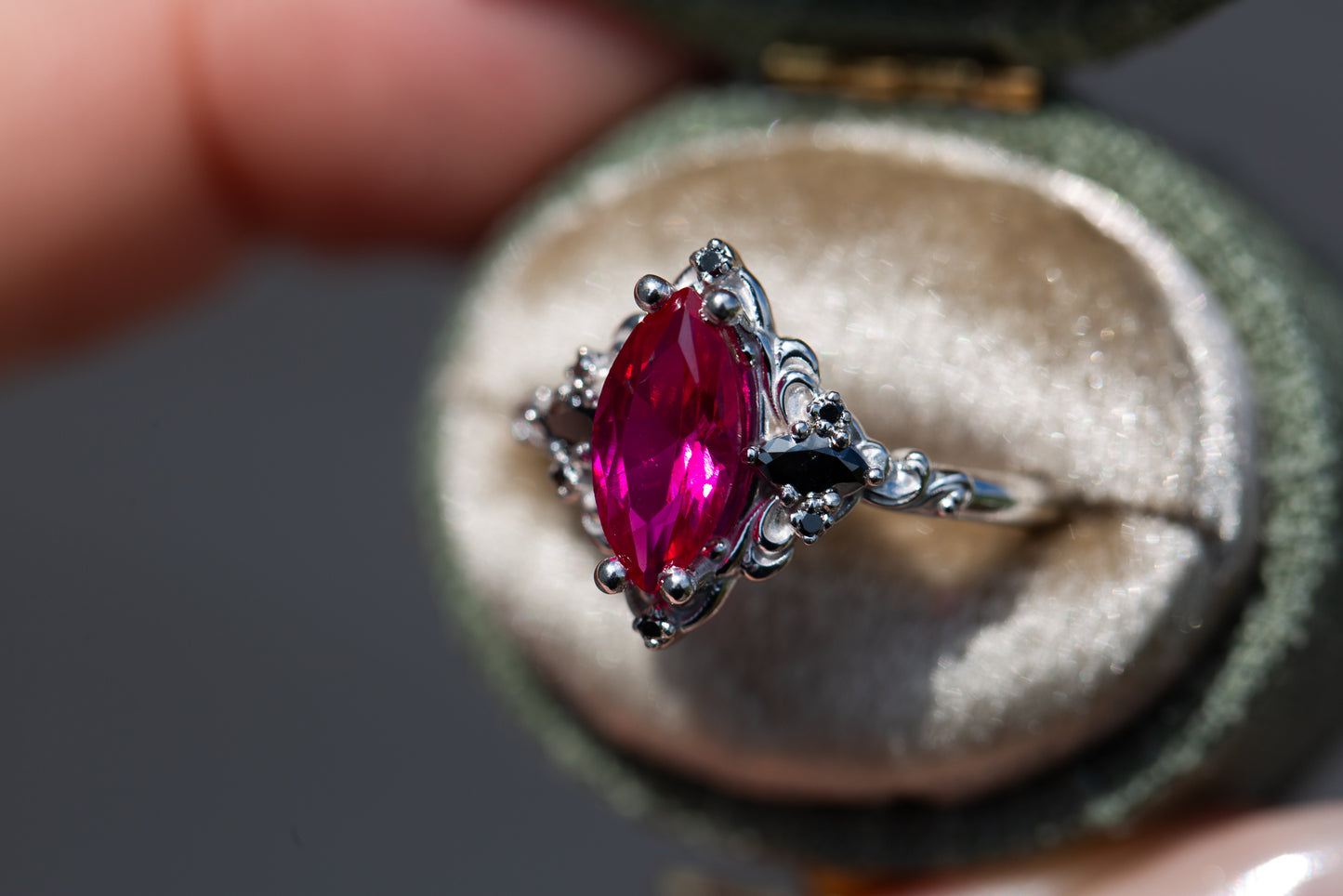 Unique Aurora Three Stone Marquise Ruby and Black Onyx Ring