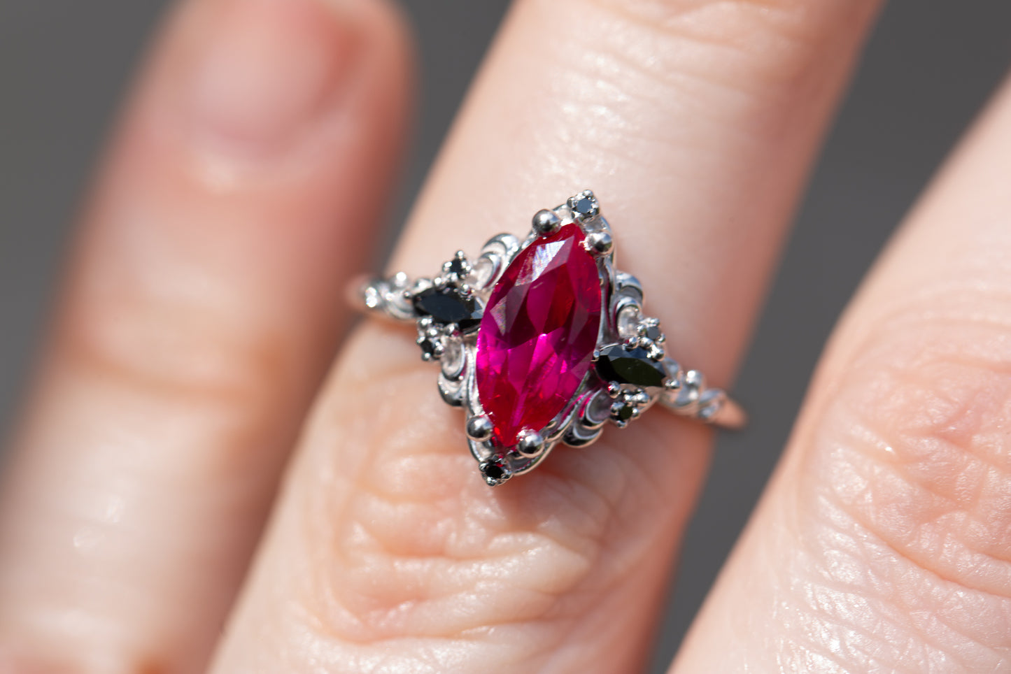 Unique Aurora Three Stone Marquise Ruby and Black Onyx Ring