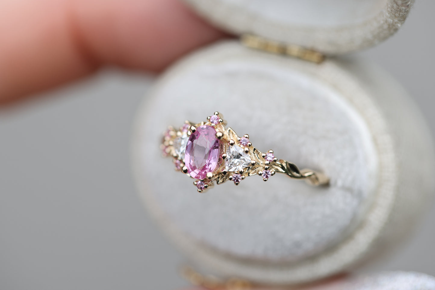 Unique Floral Rose Oval Lab Pink Padparadscha Ring