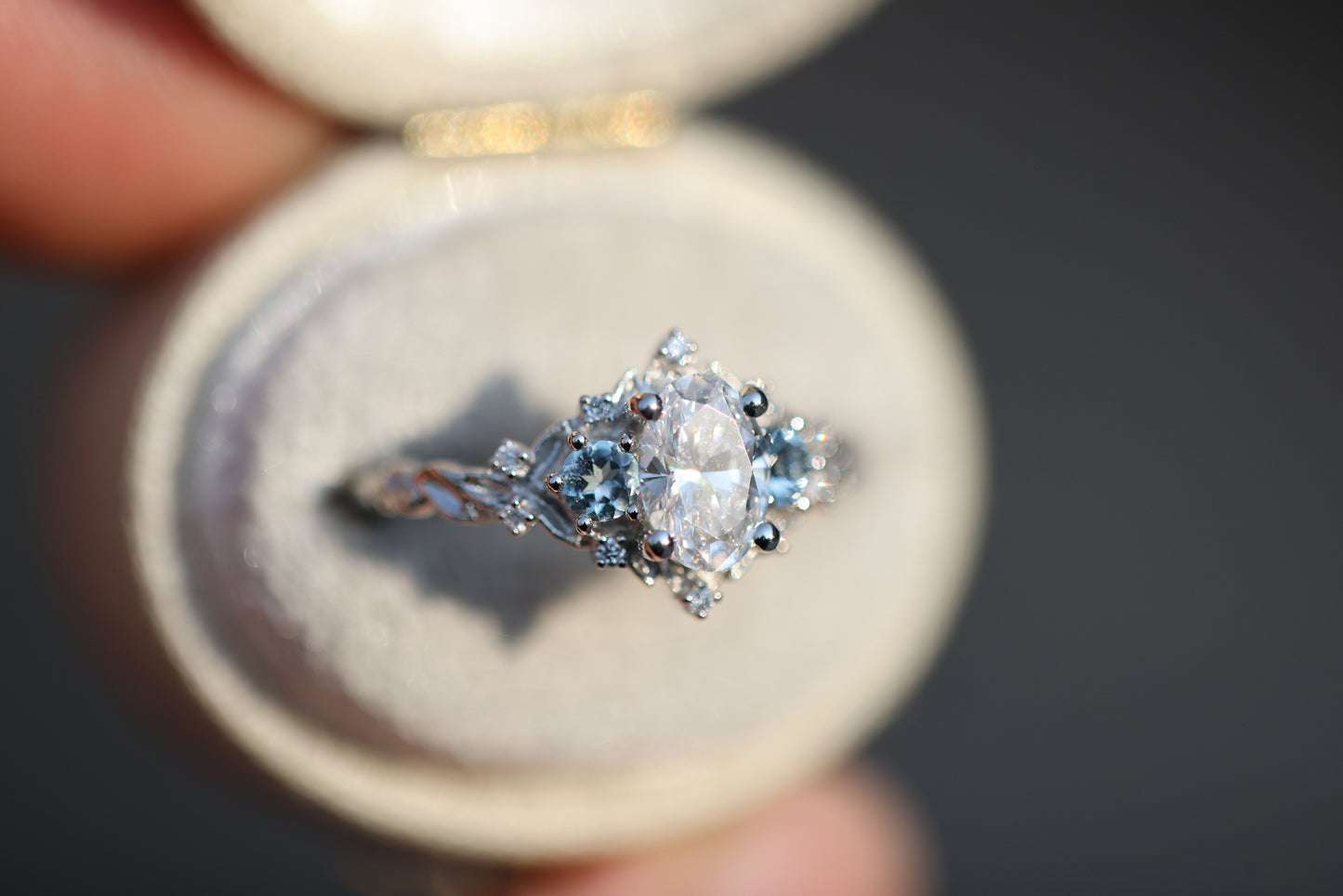 Unique Celeste Rose Three Stone Oval Moissanite and Lab Aquamarine Ring