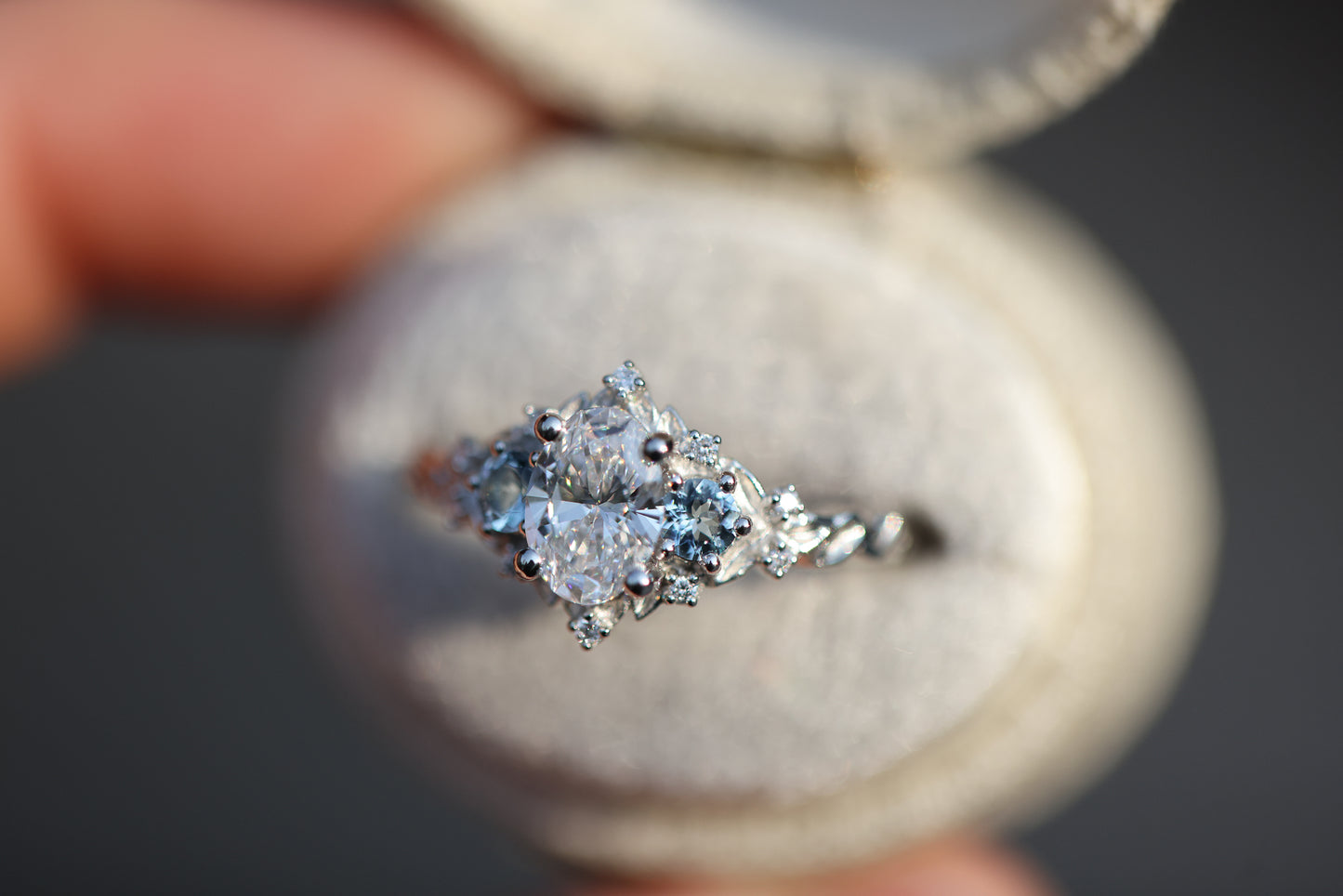 Unique Celeste Rose Three Stone Oval Moissanite and Lab Aquamarine Ring