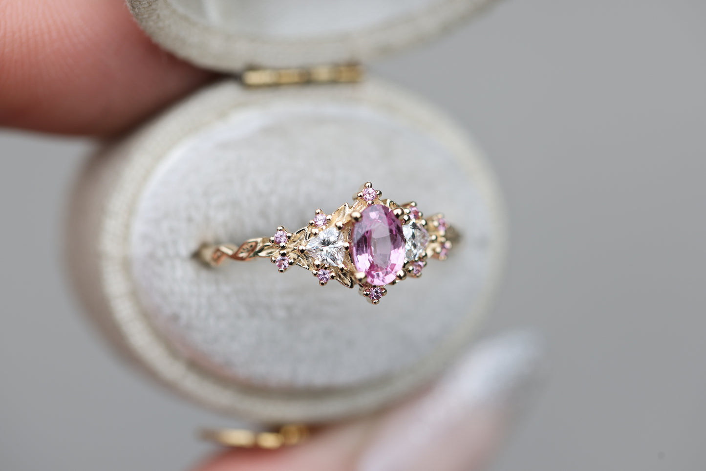 Unique Floral Rose Oval Lab Pink Padparadscha Ring