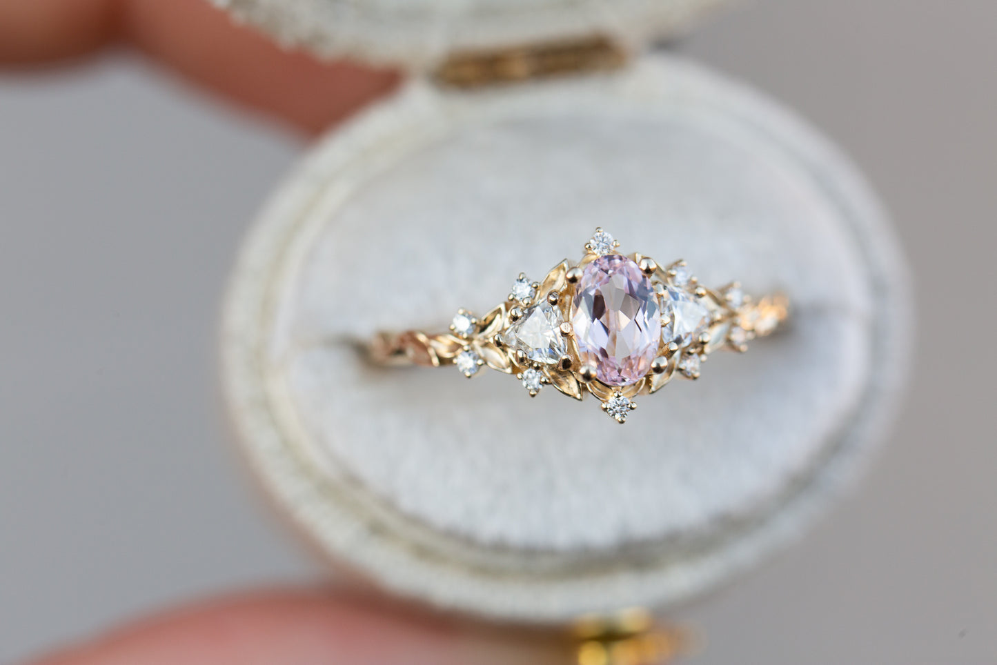 Unique Floral Rose Three Stone Oval Pink Padparadscha Ring